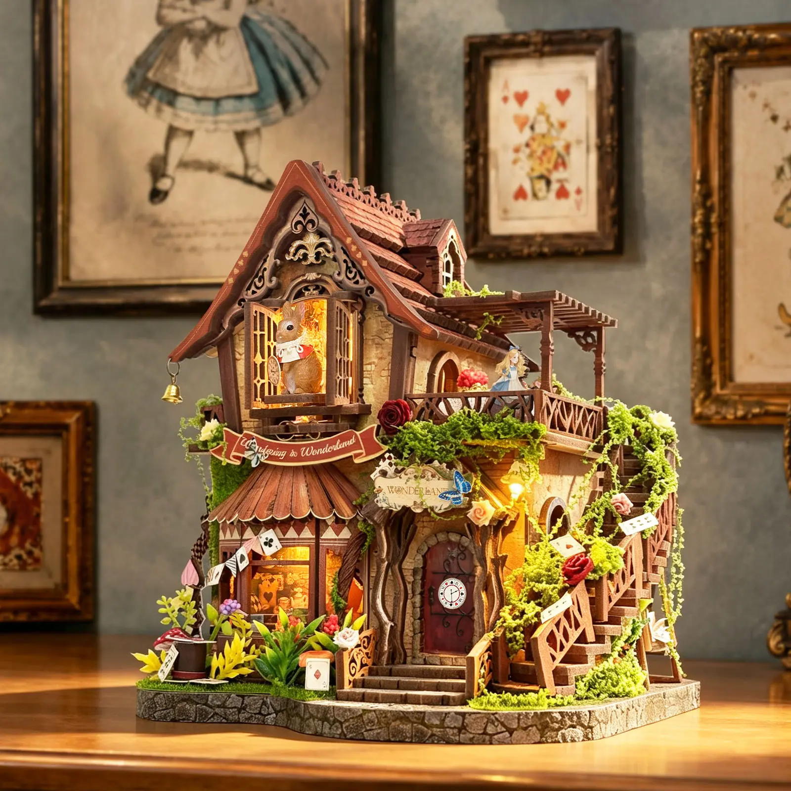 3D Dreamy Cottage Wooden Puzzle Kit - DIY Wood Craft for Adults, Miniature House with Moving Rabbit Figure Book Nook Shelf Insert, Warm LED Lights, Cottage Charm Cool Gift