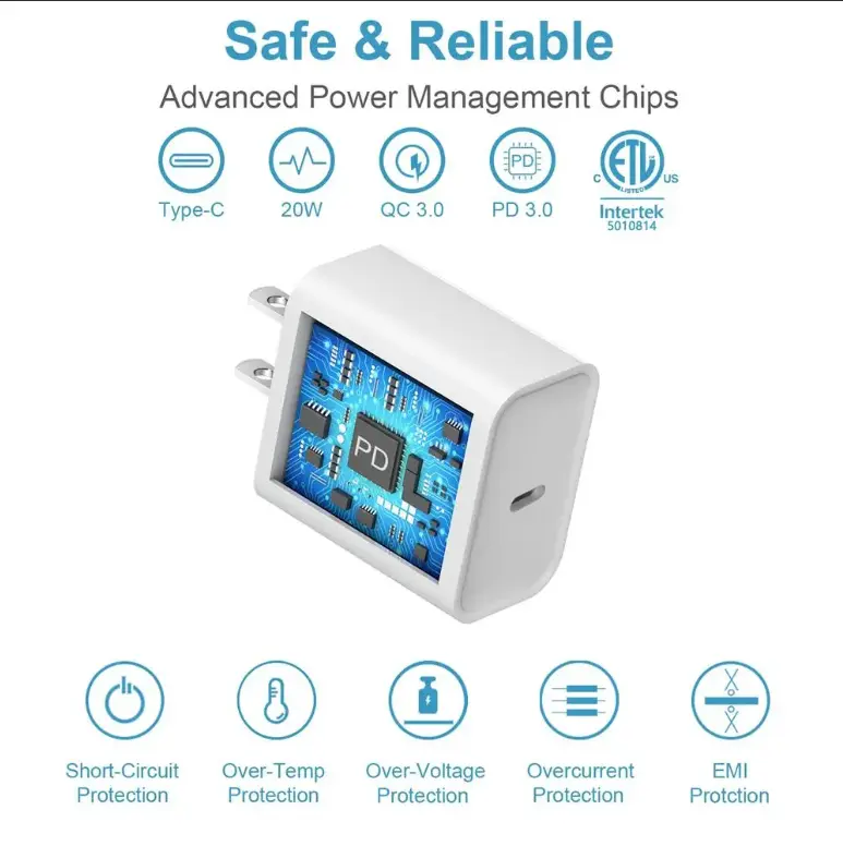 20W PD Fast Charging USB-C Universal Mobile Charger - Durable Alloy Connector, Compatible with Cellphone, Electronic Devices Including iPhone and Samsung