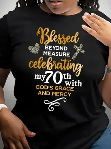 Cotton Women's 70th Birthday Outfit - Plus Size 70 Years Shirt with Golden Number Print, Soft Washable Fabric & Heart Accent - Gift for Grandma, Birthday Attire, Year-Round Wear
