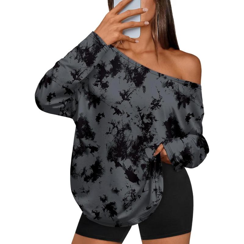 Womens Off The Shoulder Tops Oversized Tshirts Long Sleeve 2026 Casual Basic Tees with Camouflage Print Womenswear Blouse Floral  Fashion Elegance Everyday Style Fit