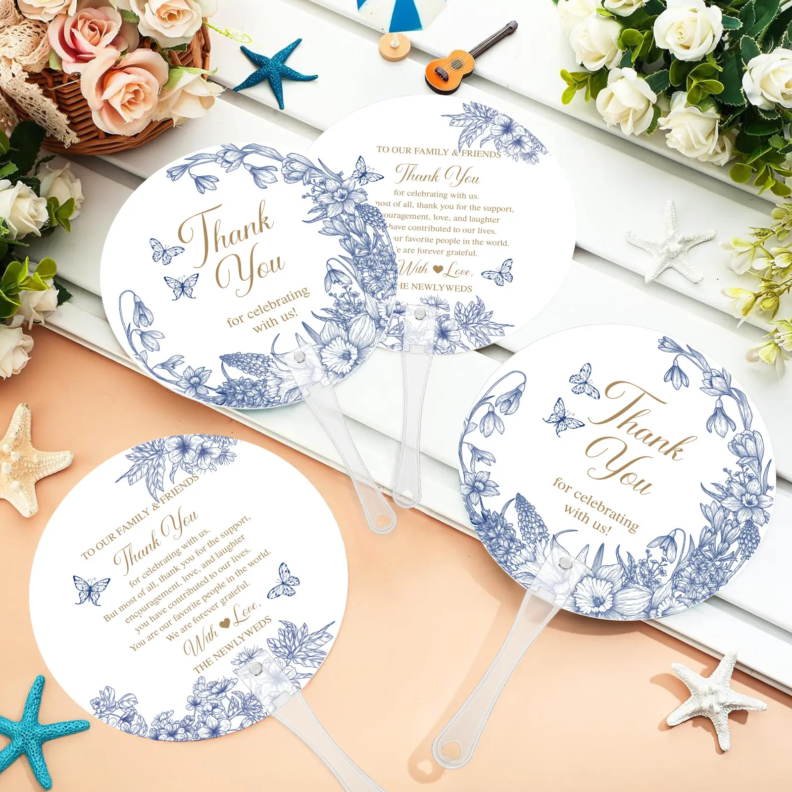 20PCS Blue Floral "Thank You For Celebrating With Us" Plastic Wedding Fans,Elegant & Durable Design,Perfect Props For Outdoor Weddings and Bridal Parties
