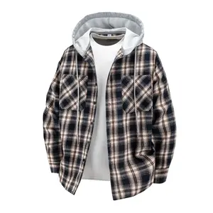Men's Plaid Print Button Front Drawstring Hooded Shirt, Casual Long Sleeve Pocket Top, Regular Fit Daily Wear Clothing