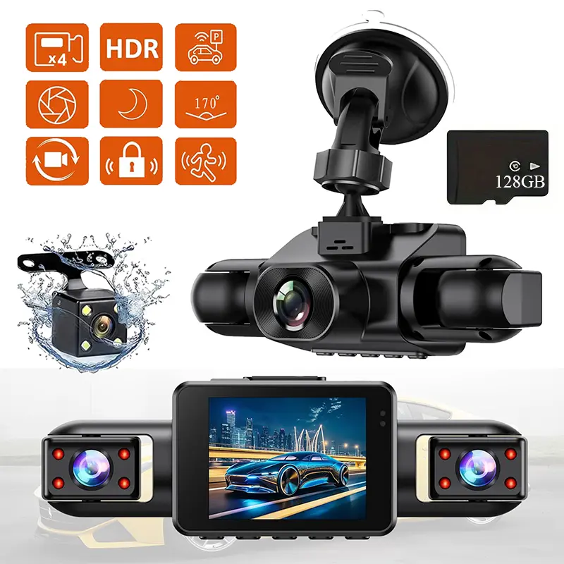 360° 4 Channel 1080P Dash Cam Front and Rear Inside Left RightNight Vision/G-Sensor/Loop Recording/4 Cameras/Collision Induction/Mobile Monitoring (No Memory Card)
