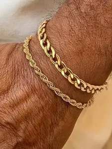 2-Piece Set: 18K Gold-Plated Cuban Link and Twisted Chain Stacking Bracelet Set – Unisex Couple's Bracelet Set – Minimalist, Hypoallergenic, Water-Resistant, Fade-Resistant, Versatile Summer Bracelets