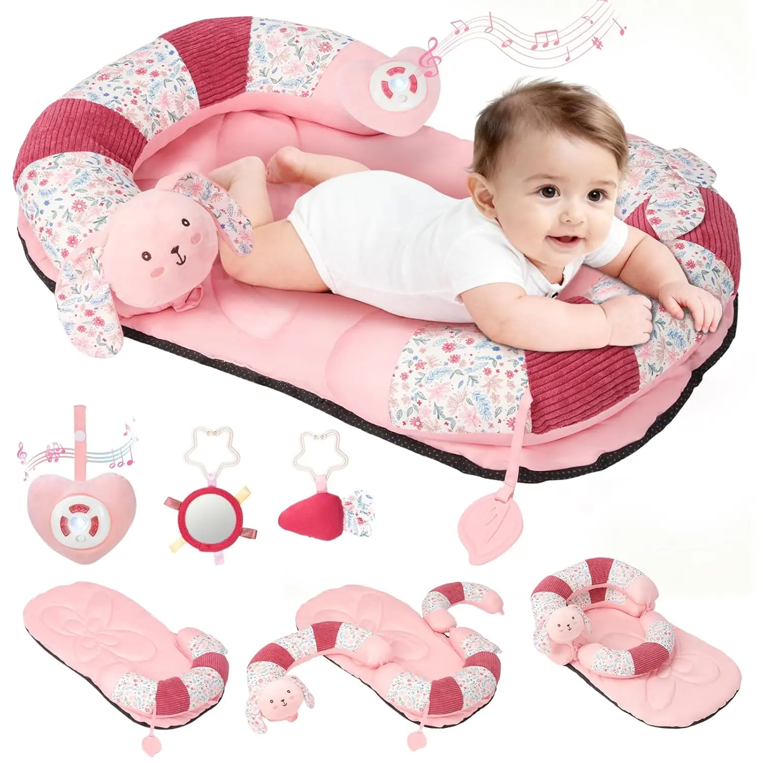 Tummy Time Mat & Seated Support Pillow, 2-in-1 Convertible Soft Cotton Floor Seat for Newborn Babies, Adorable Bunny Theme with 5 Sensory Toys & Sound Toy, Holidays, 0 - 3 Months, 2-In-1 Tummy Time Mat & Seated Support Pillow, 4 Milestones