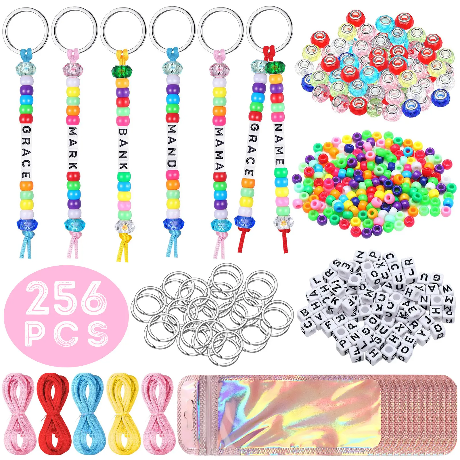 256pcs DIY Bead Keychain Kit Key Chain Making Craft Adjustable Letter Beads String Mama Gift Alphabet Bead Jewelry Key Ring Backpack Accessories for Party Favor