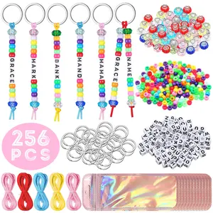 256pcs DIY Bead Keychain Kit Key Chain Making Craft Adjustable Letter Beads String Mama Gift Alphabet Bead Jewelry Key Ring Backpack Accessories for Party Favor