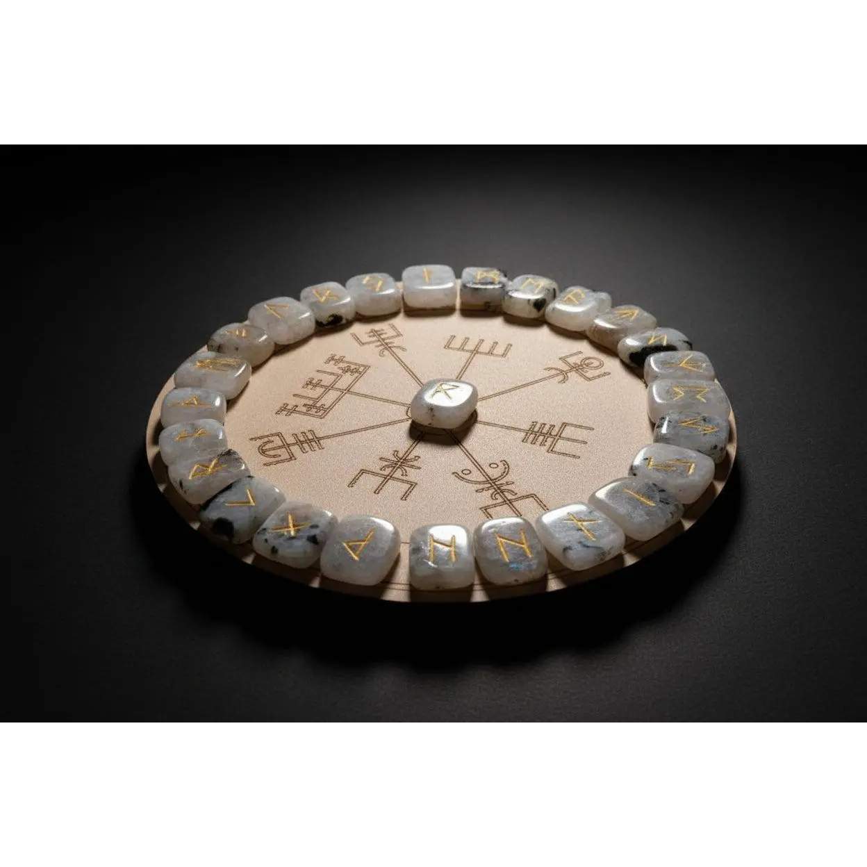 Rainbow Moonstone Elder Futhark Rune Set with Circular Casting Board
