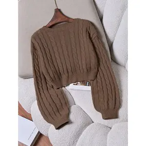 Solid Color Crew Neck Sweater With Cable Pattern, Casual & Versatile, Long Sleeve Knit Pullover Fall Winter Outfit