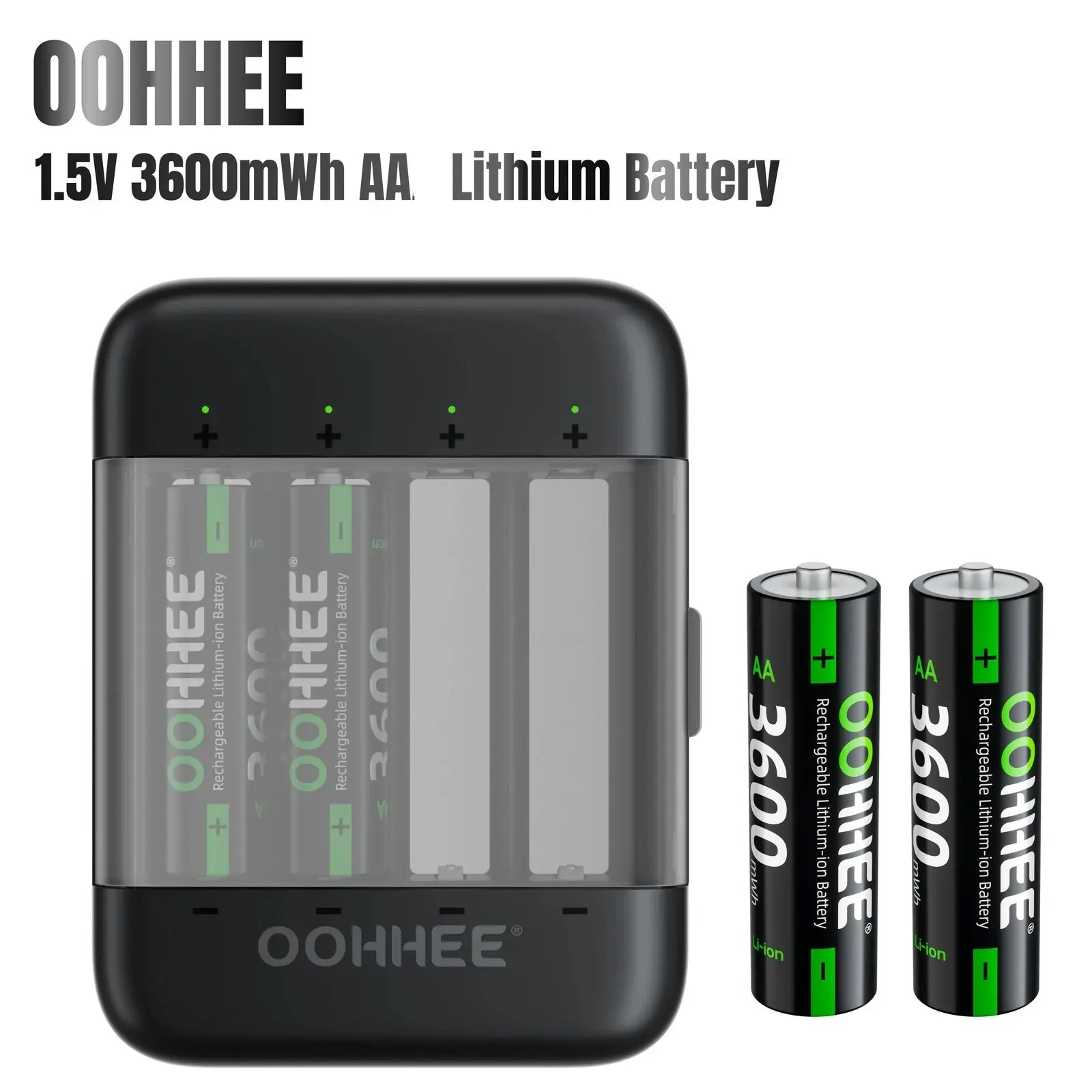 OOHHEE 4x AA Lithium Batteries 3600mWh 1.5V Rechargeable with Fast Charging Storage Box