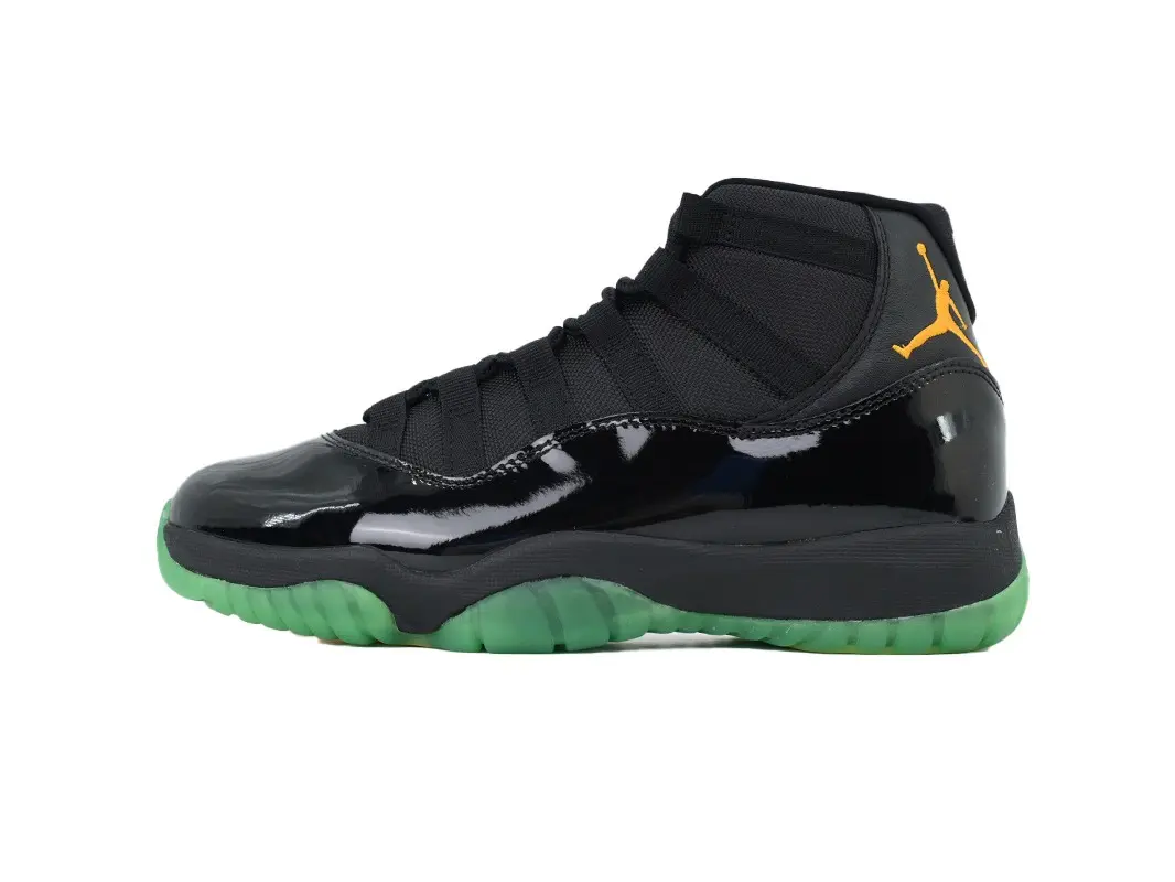 Men Retro High Top Street Sneakers, All Black Patent Leather Hip Hop Fashion Shoes, Fluorescent Green Transparent Outsole Breathable Non Slip Daily Streetwear Trainers