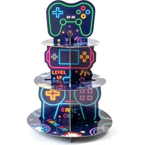 3-Tier Glow Video Game Round Cake Stand Cupcake Tower, Gaming Themed Cardboard Dessert Holder Party Decorations for Kids Boys Birthday Party Supplies