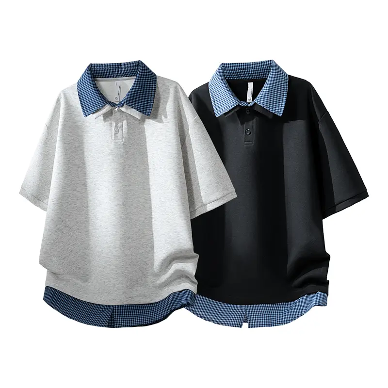 Retro minimalist faux two-piece plaid patchwork polo shirt with contrast piping and a turn-down collar; summer American loose casual streetwear short sleeves; versatile for everyday wear—collegiate style, commuting/business, outdoor sports. #SummerWins