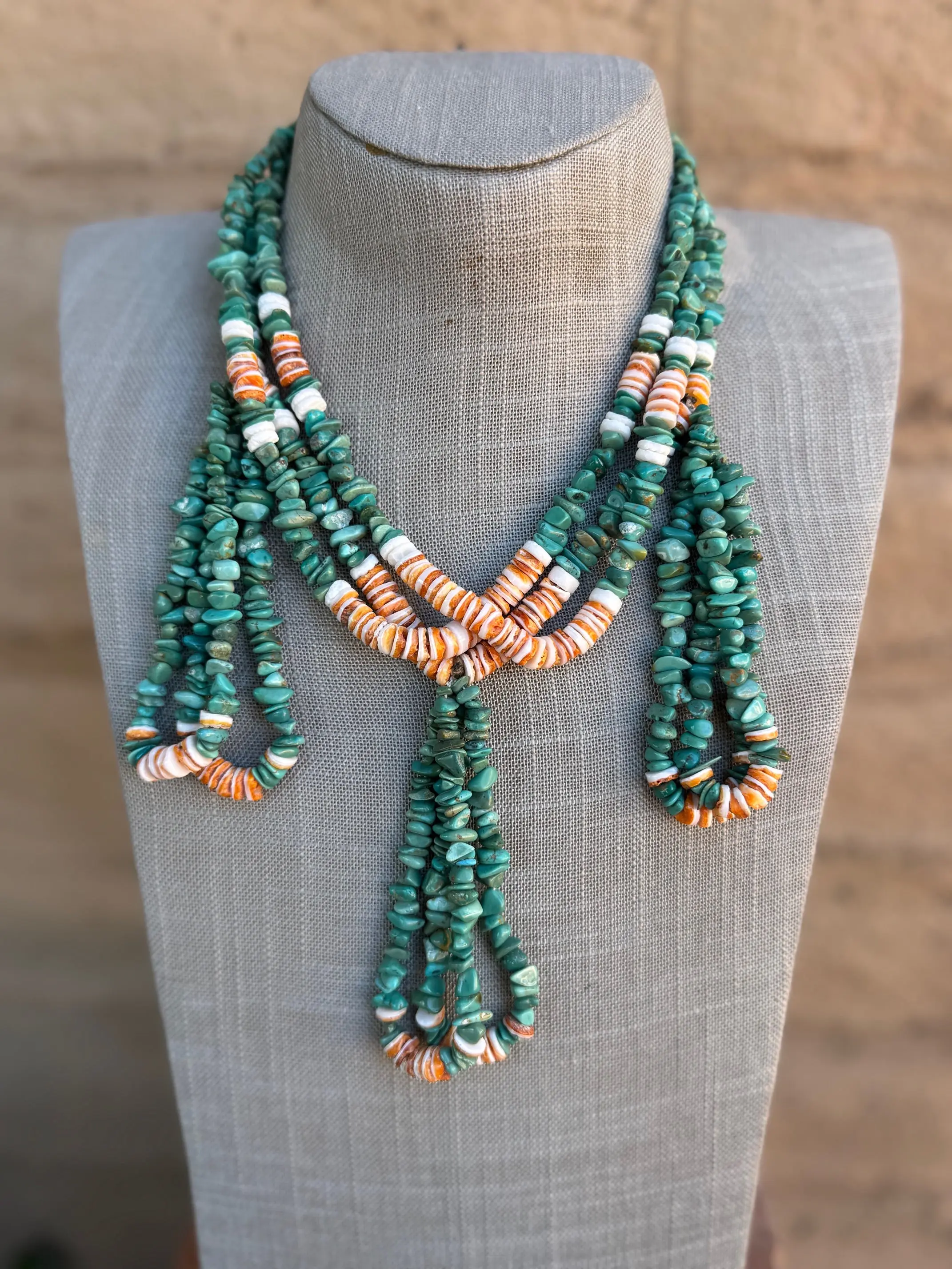 Handcrafted Turquoise & Spiny Triple Jacla Beaded Necklace 24"