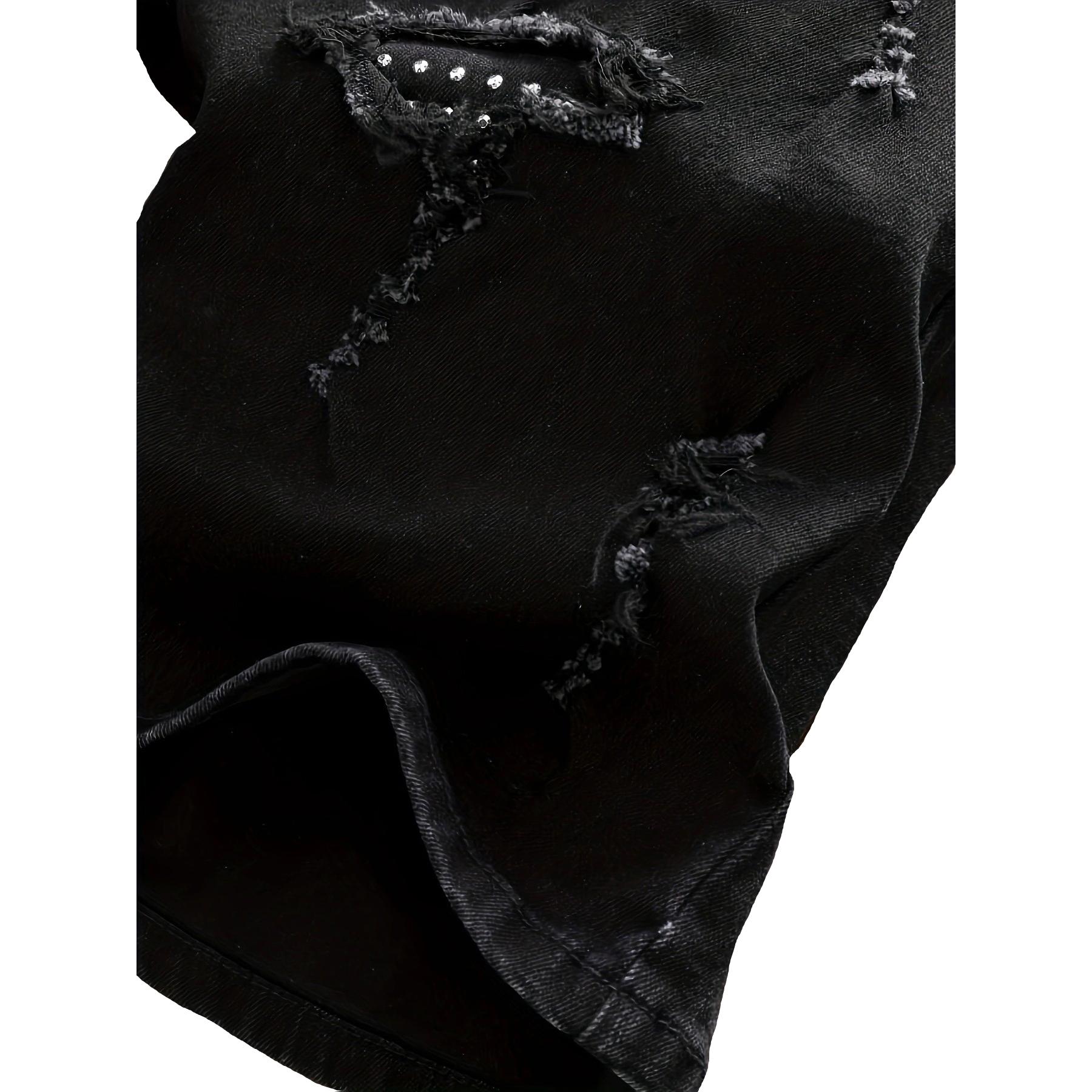 Men’s summer straight-leg black denim shorts with bear print, distressed/ripped details, European & American fashion trend