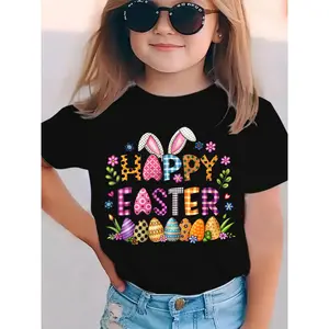 Girls' Cotton Crew Neck Easter Print Short Sleeve Top - Breathable Fabric, Bunny & Egg Graphic, Ears & Spring Flowers Design, All Seasons Egg Hunt Outfit (NY-DX5479)