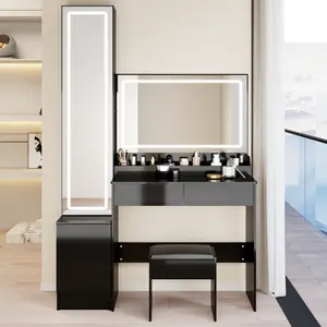 Extra Large LED Mirror Vanity Table Set, Includes LED Dressing Mirror Cabinet & Cushioned Stool, Touch Control, 3-Color Switch, Adjustable Brightness, Multi-Layer High-Capacity Storage