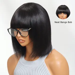 【Live Sale】UNice Glueless Short Straight Bob Wig with Neat Bangs Full Machine Made Easy to Intall Short Bob Human Hair Wig Natural Color for Women