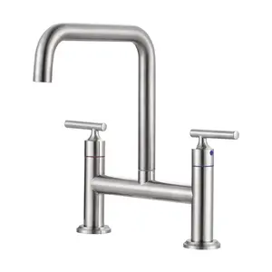 WOWOW Double Handle 2-Hole Solid Brass Bridge Kitchen Faucet with 360° Rotation Spout in Brushed Nickel