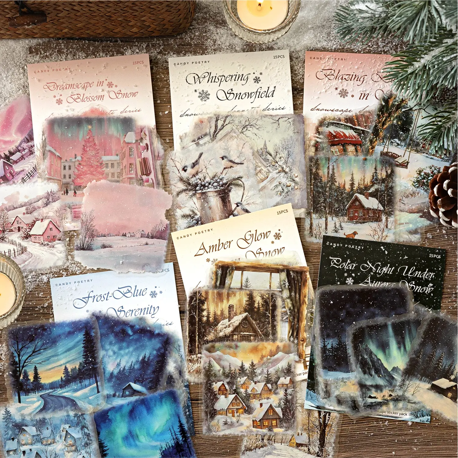 15 Sheets/bag Large Size Scenery Sticker Pack, Scrapbook Accessories, Art Stickers, Decorative Stickers, Sticker Cards, Pet Material, Snowy Poem Series Winter Scene Stickers, Hand Account Stationery Bottle Decorations