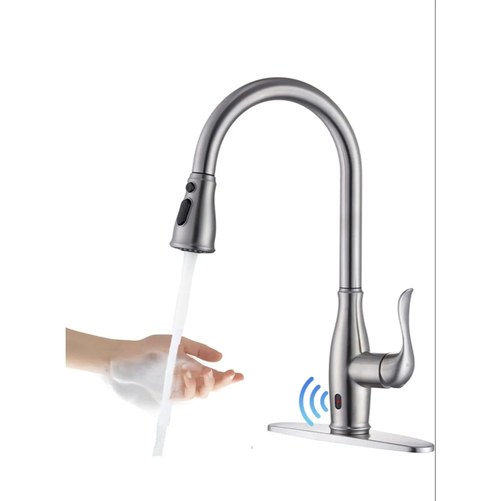 Brushed Nickel SUS304 Stainless Steel Powered Hands-Free Kitchen Faucet, Wave Sensor, 3-Function Pull-Down Sprayhead, Modern Single Lever Single Hole Deck Mount
