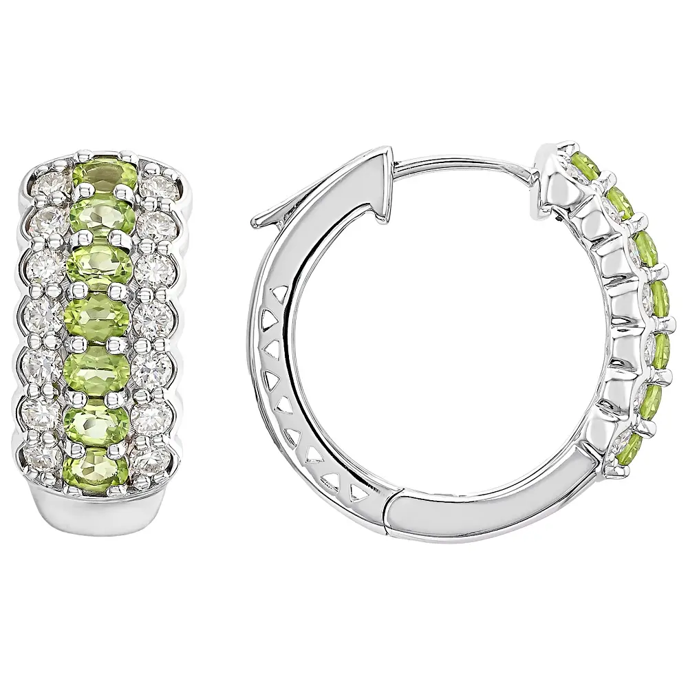 JTV 925 Silver Hoop Earrings, Green Peridot & Moissanite Gemstone Set, 2.86ctw Hoop Shape Semiprecious Stone Earrings