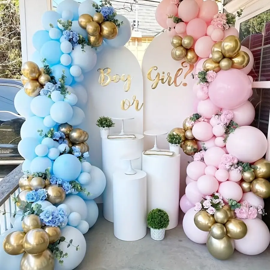 146-Piece Round Latex Balloon Garland Arch Kit - Pastel Pink, Blue & Chrome Finish Golden Patchwork Set, Balloon Backdrop Decorations for Birthday, Baby Shower