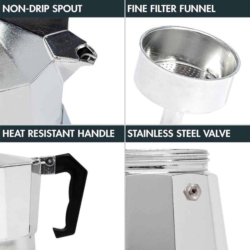 Italian Style Aluminum Moka Pot Espresso Brewer, Classic Stovetop Coffee Pot for Home, Office & Camping, Reusable Coffee Maker in Multiple Cup Sizes