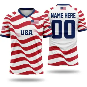 Personalized USA Soccer Team Vintage Graphic Tee, Custom Name Number Quick Dry Sports Jersey, USMNT Flag Red White Blue Waves, Retro Football V-Neck Shirt Streetwear
