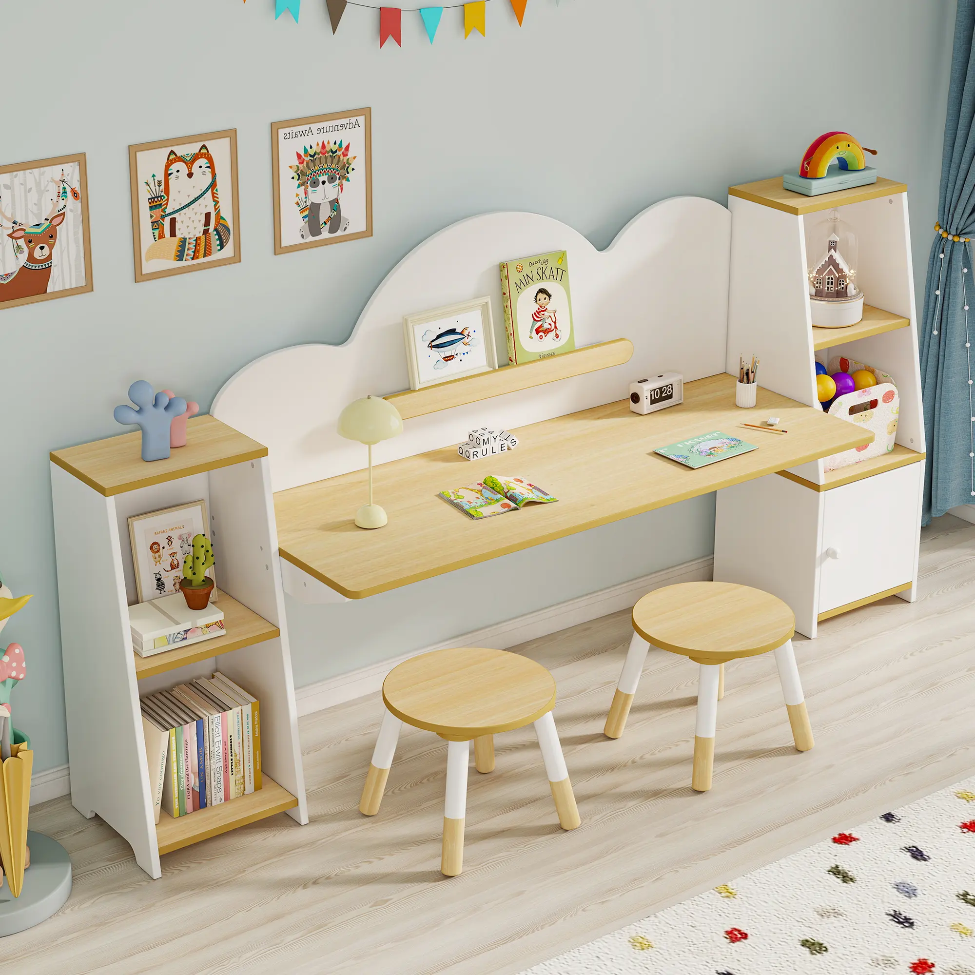 Modern Kids Desk & Stool Set in White and Natural Wood for Study and Play Modern Kids Desk & Stool Set in White and Natural Wood for Study and Play