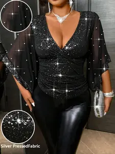 Shiny Pearl V-Neck Short Sleeve Top, Plus Size Women's Fashion Blouse, Elegant Versatile Casual Wear, Stylish Women's T-Shirt, Womenswear Fitted