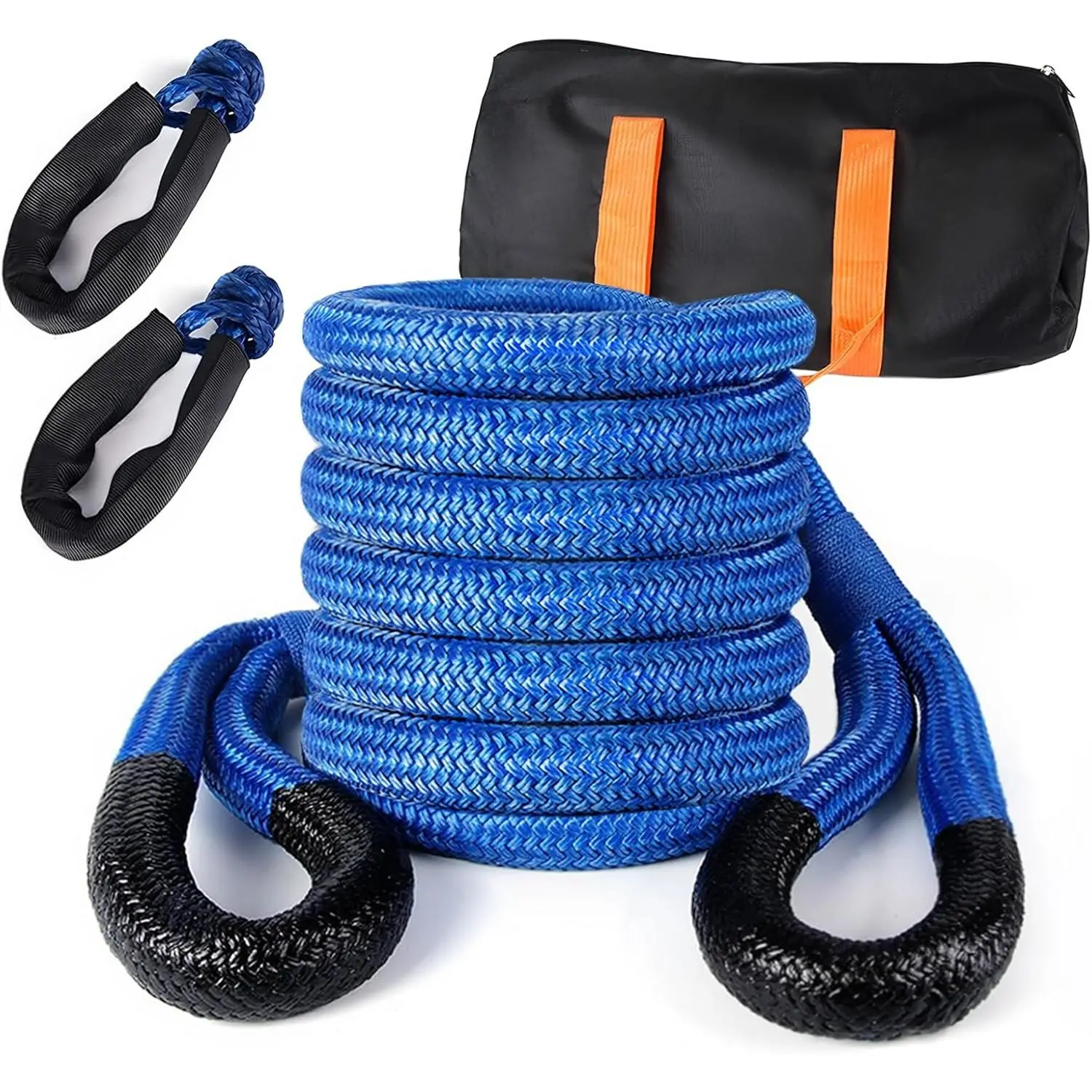 Heavy-Duty High Stretch Nylon66 Kinetic Tow Rope (1.1"x30 ft, 48,600 lbs) - 30%-35% Stretch, 2 UHMWPE Soft Shackles, Polyurethane Waterproof Kit for Truck Off-Road Recovery Vehicles