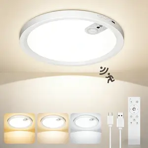 Rechargeable LED motion sensor ceiling light, dimmable closet light with three color temperatures and remote control, wireless battery-operated flush mount ceiling lamp for hallway, closet, stairway, garage, pantry