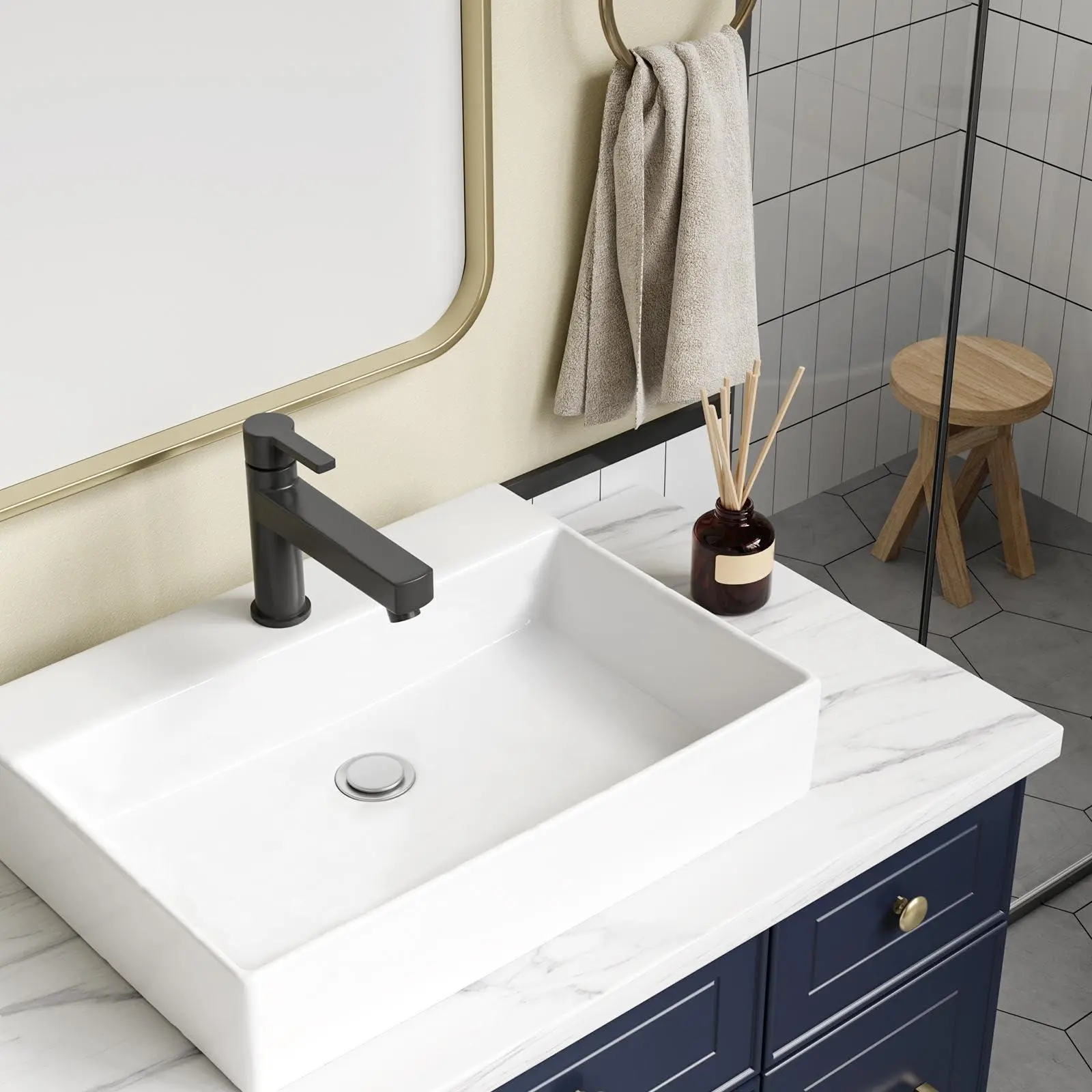Elegant rectangular white ceramic container sink - High quality countertop top and bottom installation, easy to clean, high-density ceramic, suitable for home and commercial use 51x45x13cm