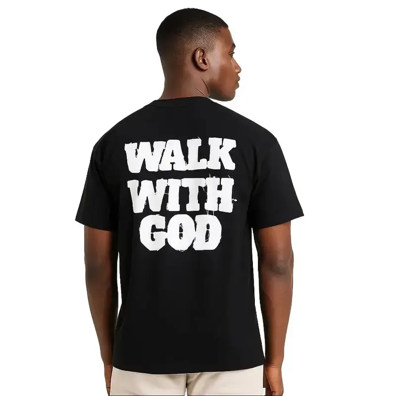 Unisex Christian Walk With God Graphic Menswear Top - 100% Cotton Soft Fabric Tshirt, Classic Fit Round Neck Casual Streetwear for Men