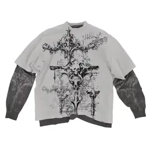 2000s American Skull Pattern Long sleeved T shirt Fashion Round Neck Oversized T shirt Mens Casual Gothic Clothing Tops