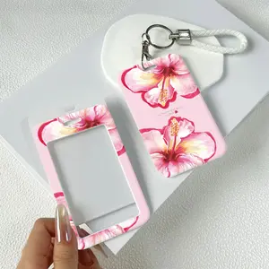 Pink Hibiscus Flowers Pattern Durable Plastic ID Badge Holder with Lanyard Slide Design for Cards Transparent Window Compatible with Credit, Metro, Bus Cards-Nurse, Doctor, Student Badge Buddy Nursing Accessory Hard Plastic