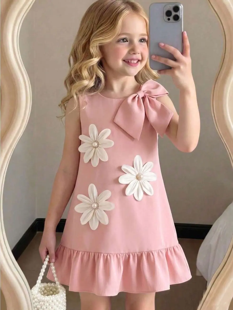 Kids clothing girls - Girls Sleeveless A-Line Party Dress with 3D Bow and Flower Decor, Cute Handmade Casual Summer Sundress girls clothes for kids clean girl clothes cute college girl clothes girly clothing trendy tops for school