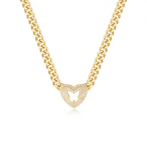 14K Gold Plated Heart & Butterfly Pendant Necklace – Chunky Chain, 5A Cubic Zirconia, Adjustable Length, Fold-Over Clasp