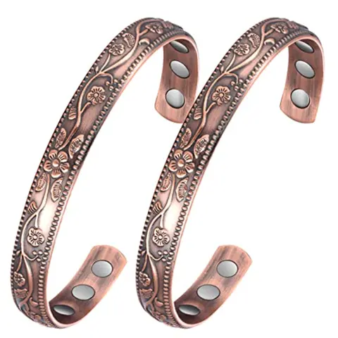 Women's Adjustable Fit Copper Bracelet Set - 2-Piece 99.99% Pure Copper, 3500 Gauss Magnetic Style, Vintage Floral Cuff, Daily Elegance Jewelry, Gift Box Included, Bendable Multi-Part Bracelets & Bangles, Stacking Arm Candy Accessories