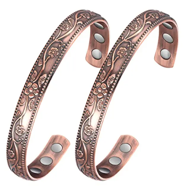 Women's 2-Piece Female Adjustable Copper Bangles - 99.99% Pure Copper, 3500 Gauss Magnets, Vintage Floral Cuff, Daily Wear Jewelry, Gift Box Included, Arm Candy Accessories, 99.99% Purity