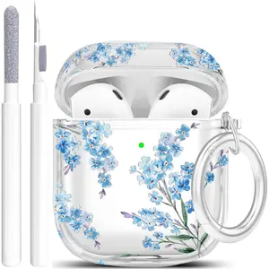 Protective Clear Floral Case Cover with Cleaner Kit Portable Shockproof Women Girls with Keychain for Apple Airpods 2/1 Charging Case - Clear/Blue Flower