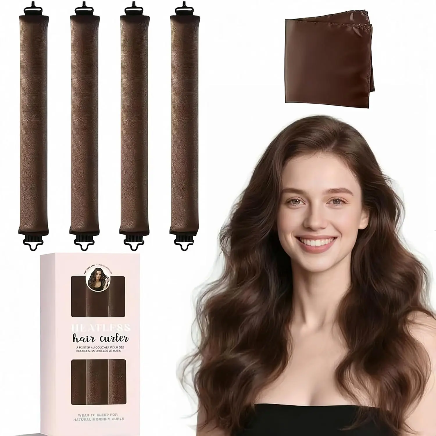 5pcs Heatless Curls Overnight, Satin Scarf Heatless Hair Curler Set with Hook Closure – 4 Soft Hair Rollers Blowout Rods + Satin Hair Bonnet for Sleeping, Flexi RodsGift.