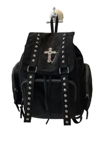 Gothic Vintage Rivet Backpack, Cross Chain Decoration, Punk Street Style, Casual Plain Design, All Seasons, Unisex Bag, Stud Bookbag