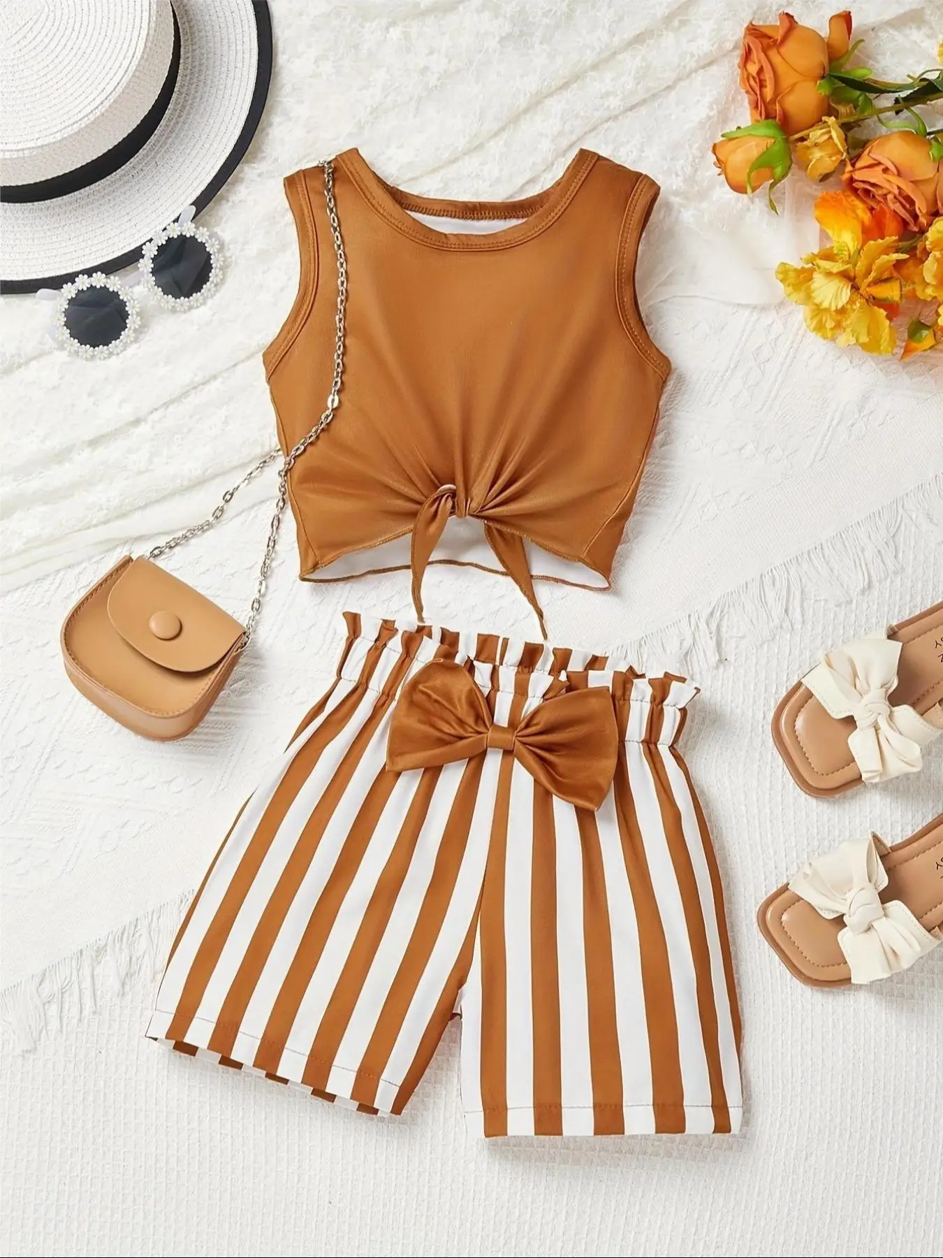 Girl's Tank Top & Striped Print Bow Decor Shorts Two-Piece Set, Casual Sleeveless Top & Shorts for Summer, Kids Clothes for Daily Wear, Clothing