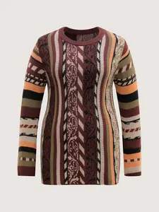 BloomChic Women's Oversized Boho Striped Acrylic Knitting Pullover - Long-Sleeve Bell-Sleeve Flare Detail Mock Neck Stretchy Dressy Casual Top, Plum Winter Knitwear,summervibes