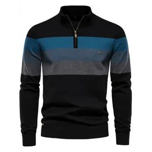 1pc Men'S Casual Striped Stand Collar Pullover Sweater - Cotton Knit Fabric, Long Sleeve, Regular Fit, Slight Stretch, No Belt, Fall/Winter Collection
