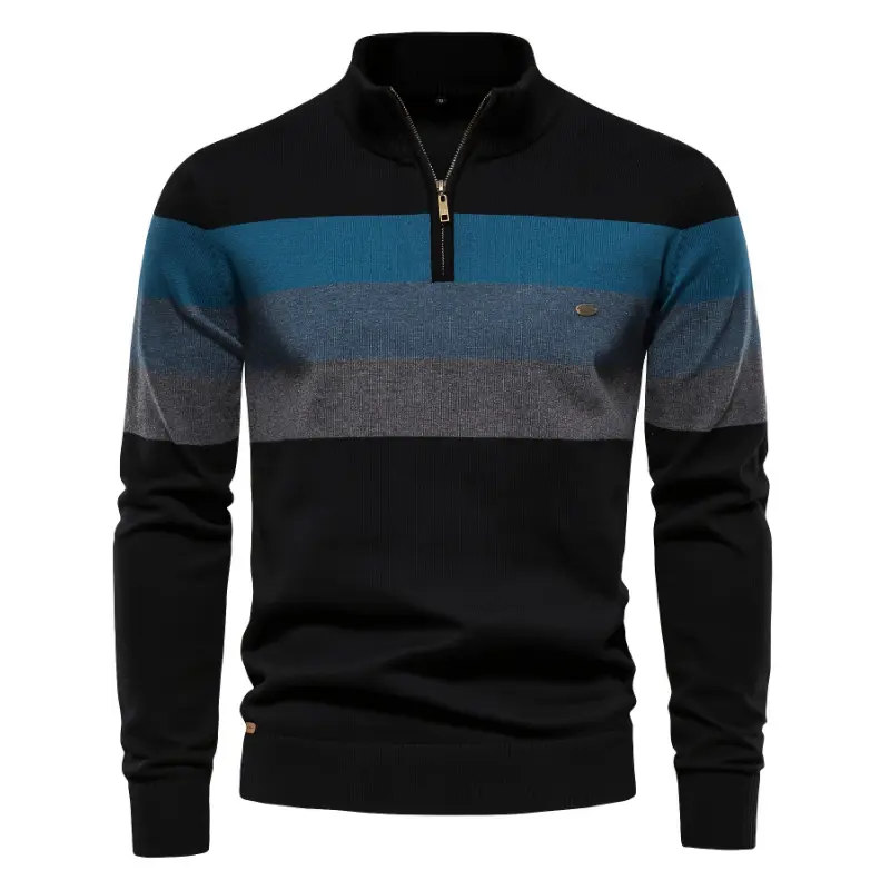 Men's Sweater, Casual Striped Pullover with Stand Collar, Long Sleeve Regular Fit Cotton Knitwear for Fall/Winter, Tops, Menswear