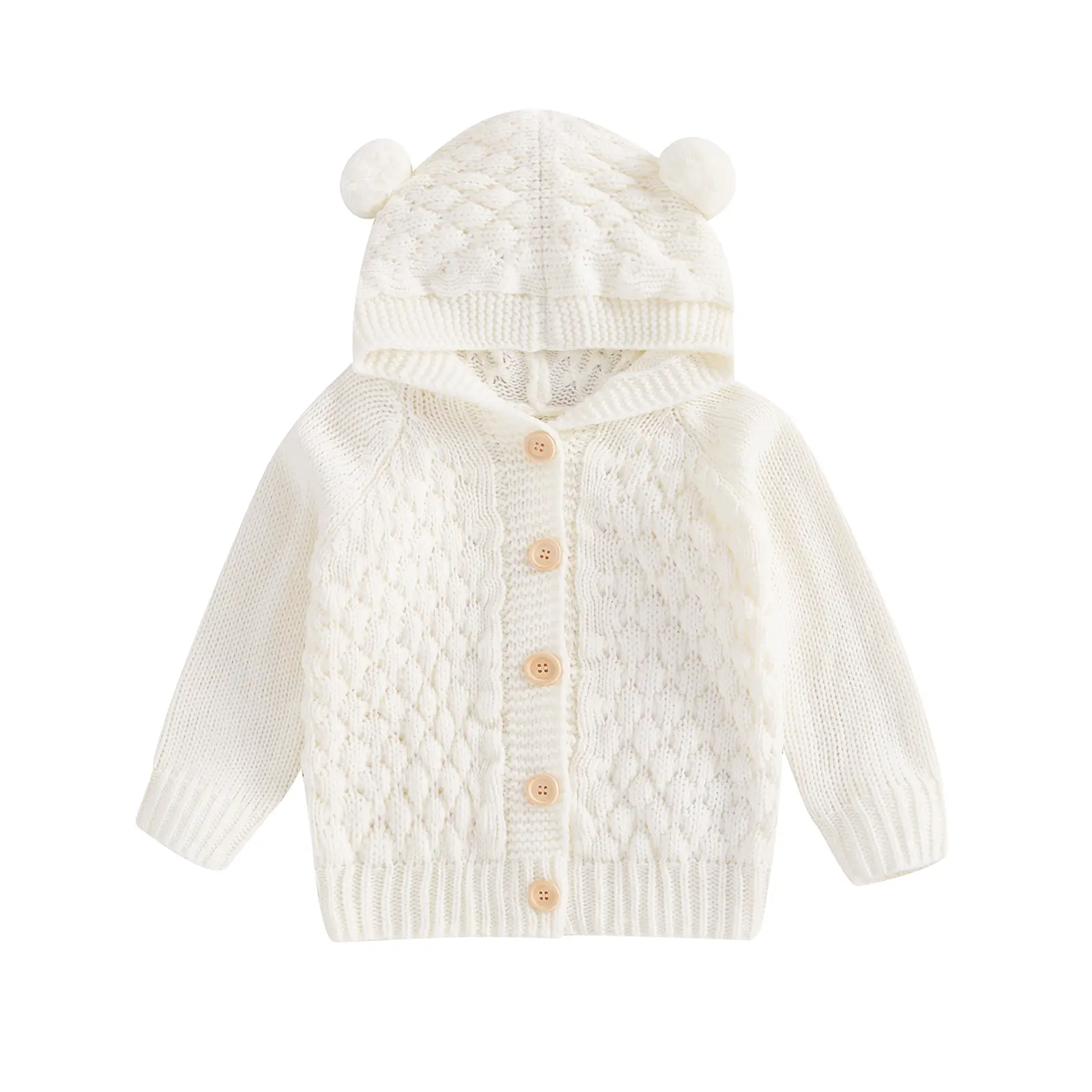 Unisex Newborn 6-12m Knitted Polyester Thermal Coat - Cute Bear Ear Hooded Long-Sleeve Casual Wear, Polyester Long Sleeve Shirt Regular-Fit Outerwear