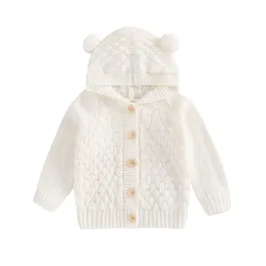 Newborn Baby Solid Color Coat, Boys Girls Cute Bear Ear Long Sleeve Thermal Hooded Knitted Sweater